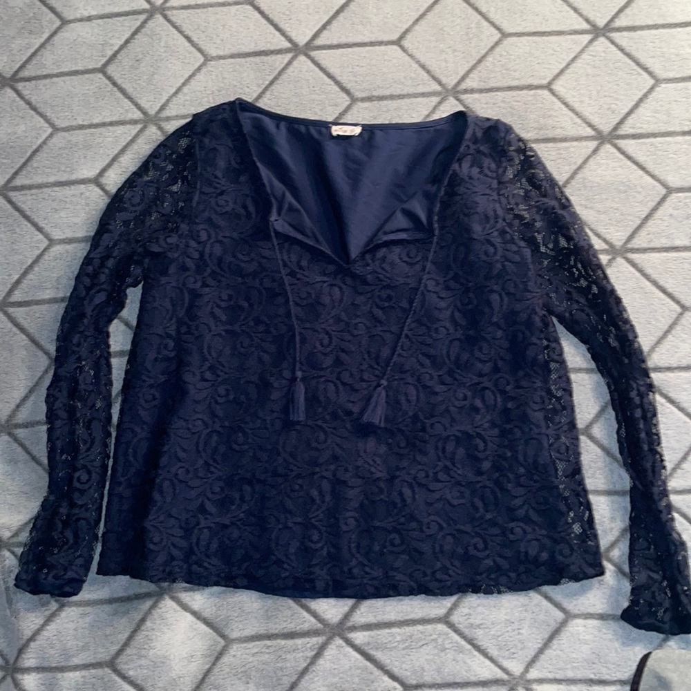 Hollister Dark Blue Lace Long Sleeve Blouse
